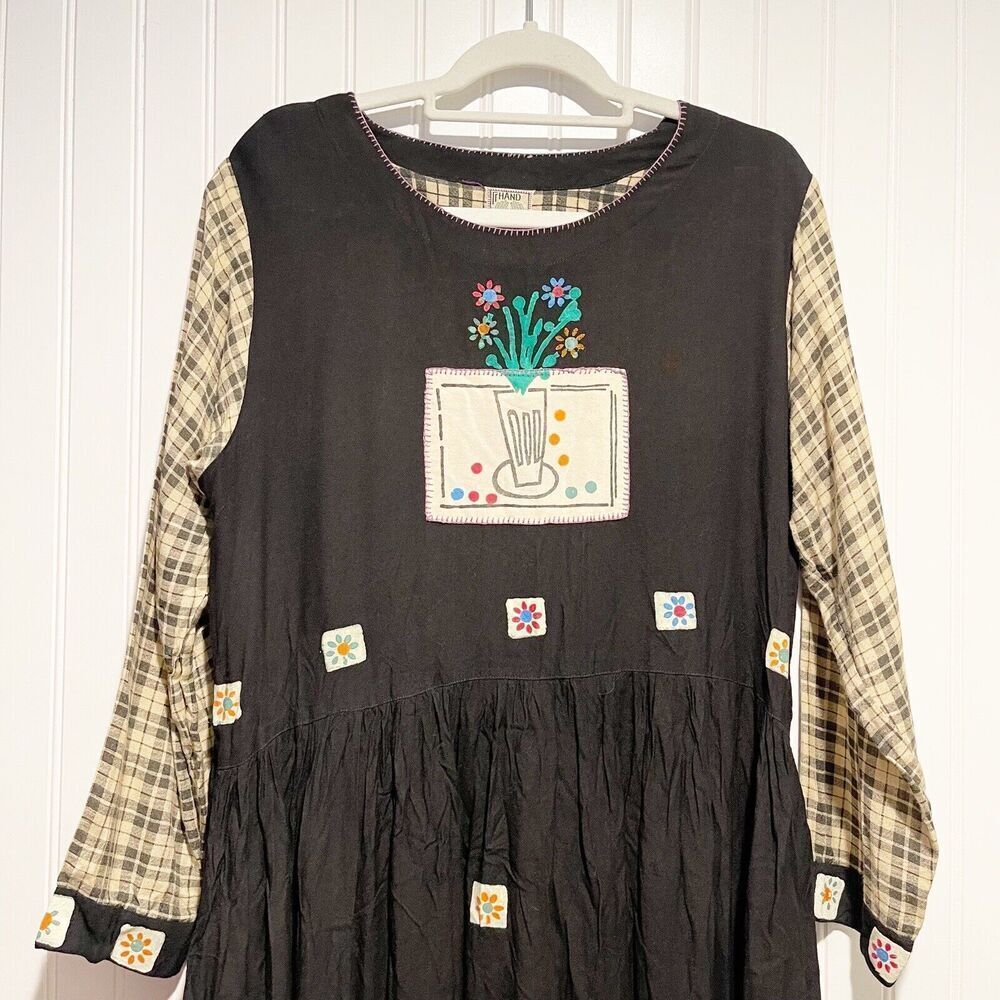 Vintage Hand Jive Hand Block Art To Wear Dress Plaid Sleeves Floral Midi Small - Picture 2 of 7